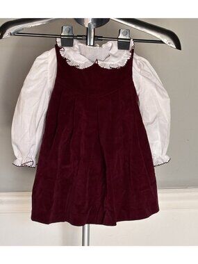 VTG 2T/3T Peter Piper Burgundy Jumper Dress White Button Top Scalloped Collar